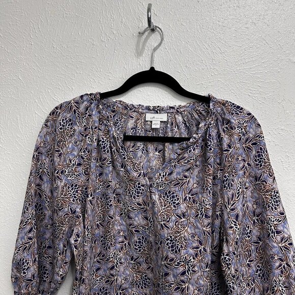 J. Jill Love Linen Sz S V Neck Purple Lotus Vines 100% Linen Peasant Top Blouse - Picture 5 of 13